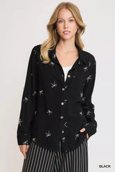 Umgee Linen Blend Fitted Shirt with Ribbon Embroidery Details Black OutfitFlow